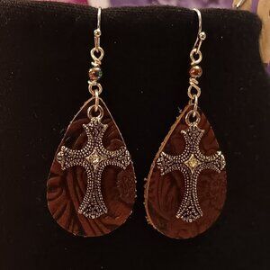 2 for $12 -Beautiful tooled leather cross earrings!